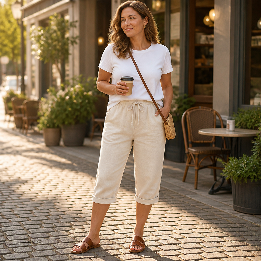 SenseLuxe™ – Airy Cotton-Linen Capri Pants Featuring Rolled Cuffs
