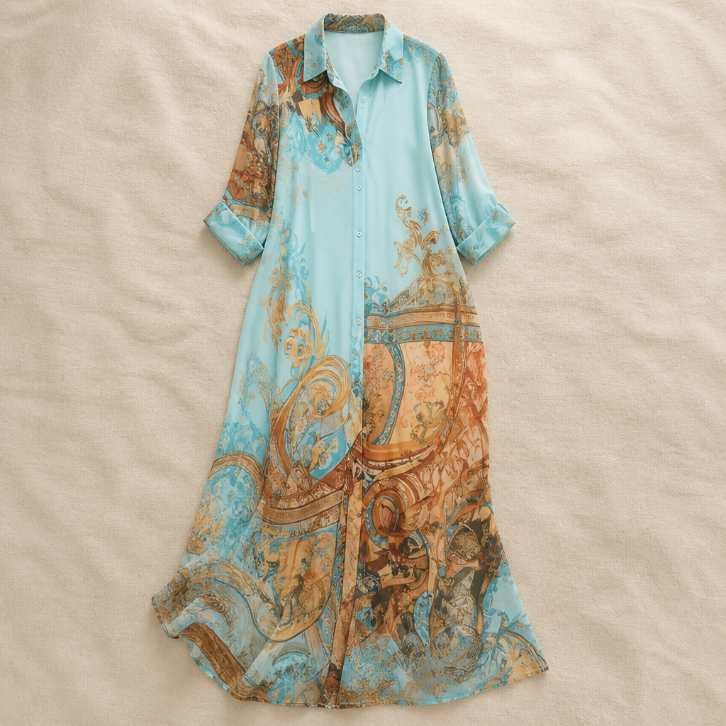MarabellaMist™ – Flowy Mediterranean-Print Maxi Shirt Dress