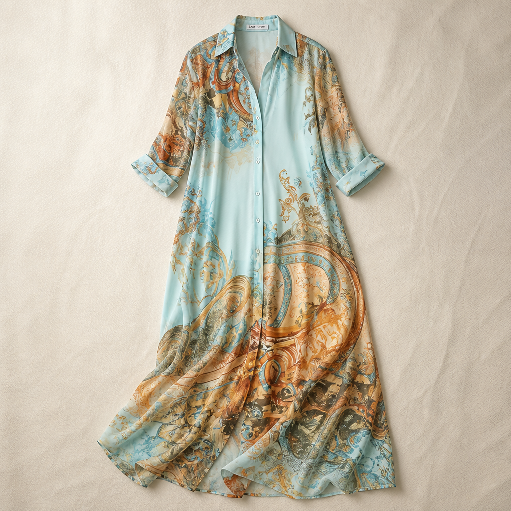 Seabreeze Serenade™ – Flowy Mediterranean-Print Maxi Shirt Dress with Side Slit