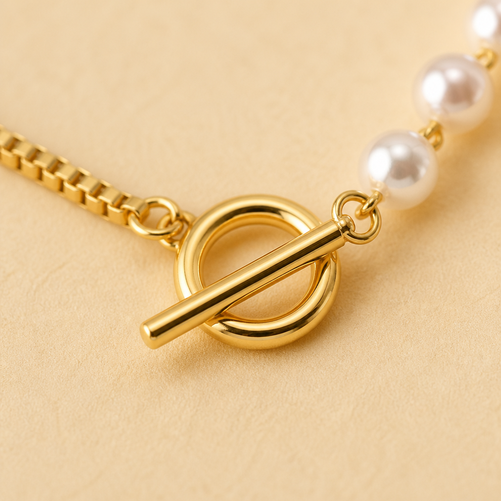 ViraLuxe™ – Gold Asymmetric Pearl and Chain Necklace & Bracelet Set