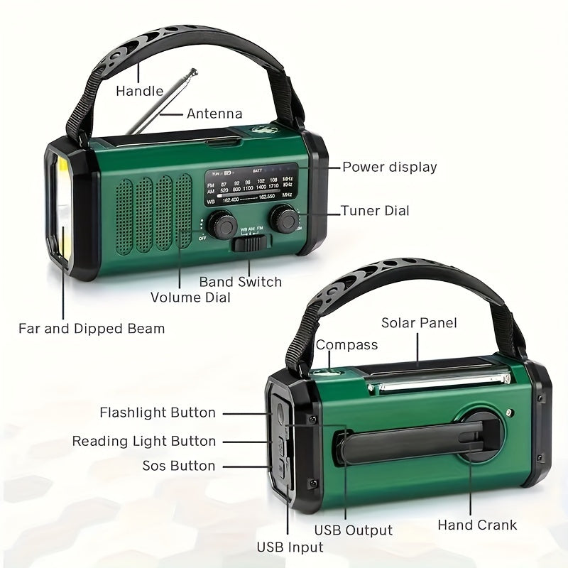 Survival Radio with 10,000 mAh Battery | Solar, Hand Crank & USB-C Charging | LED Torch, SOS Alert & Navigation
