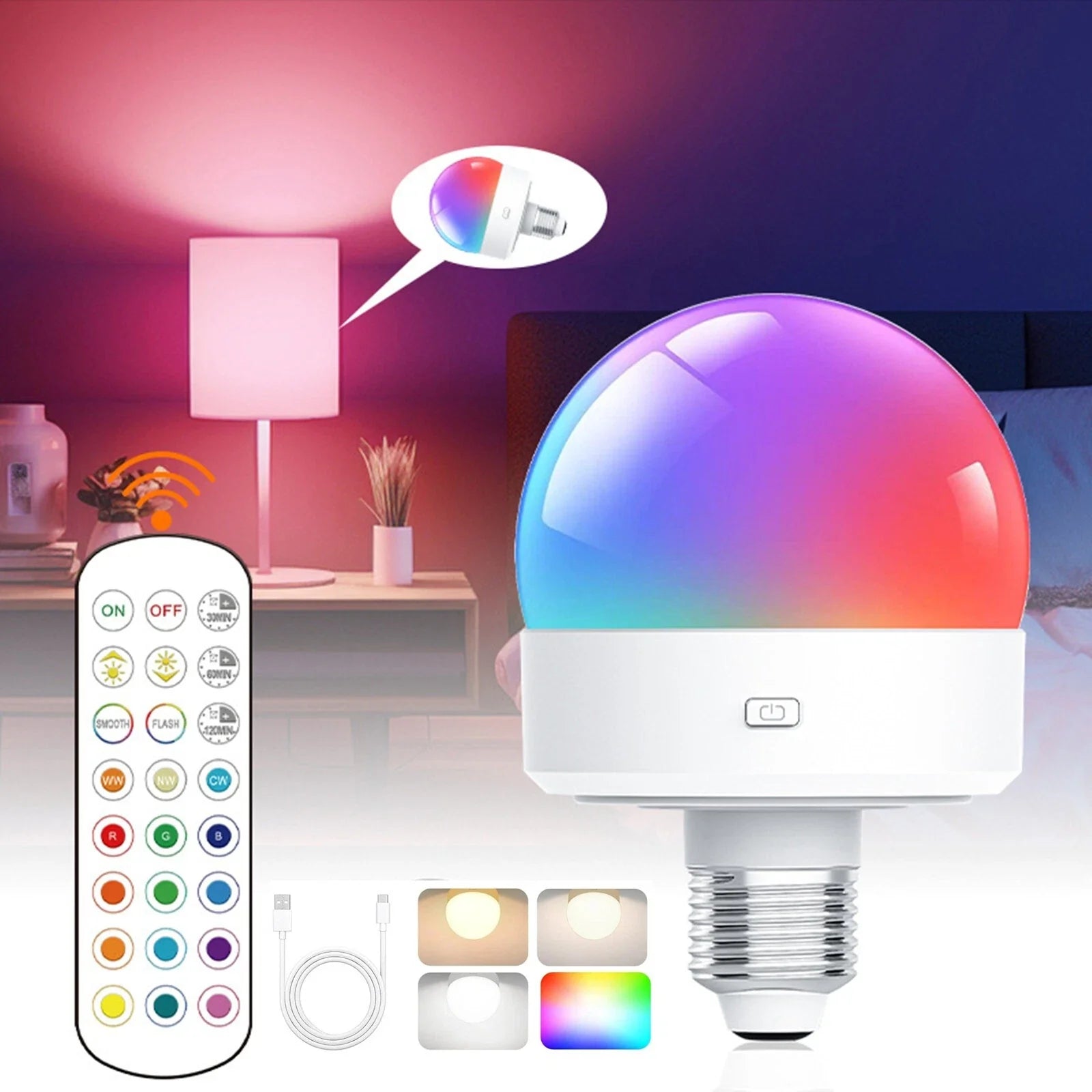 Rechargeable E27 RGB LED Lamp with Remote Control – Cordless Installation