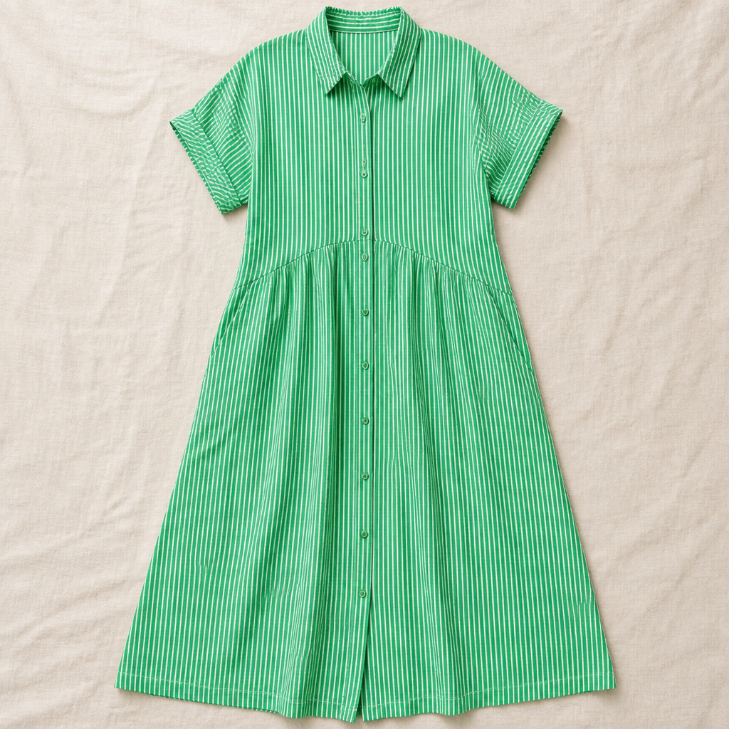 LunaVerve™ – Airy Striped Button-Down Midi Shirt Dress