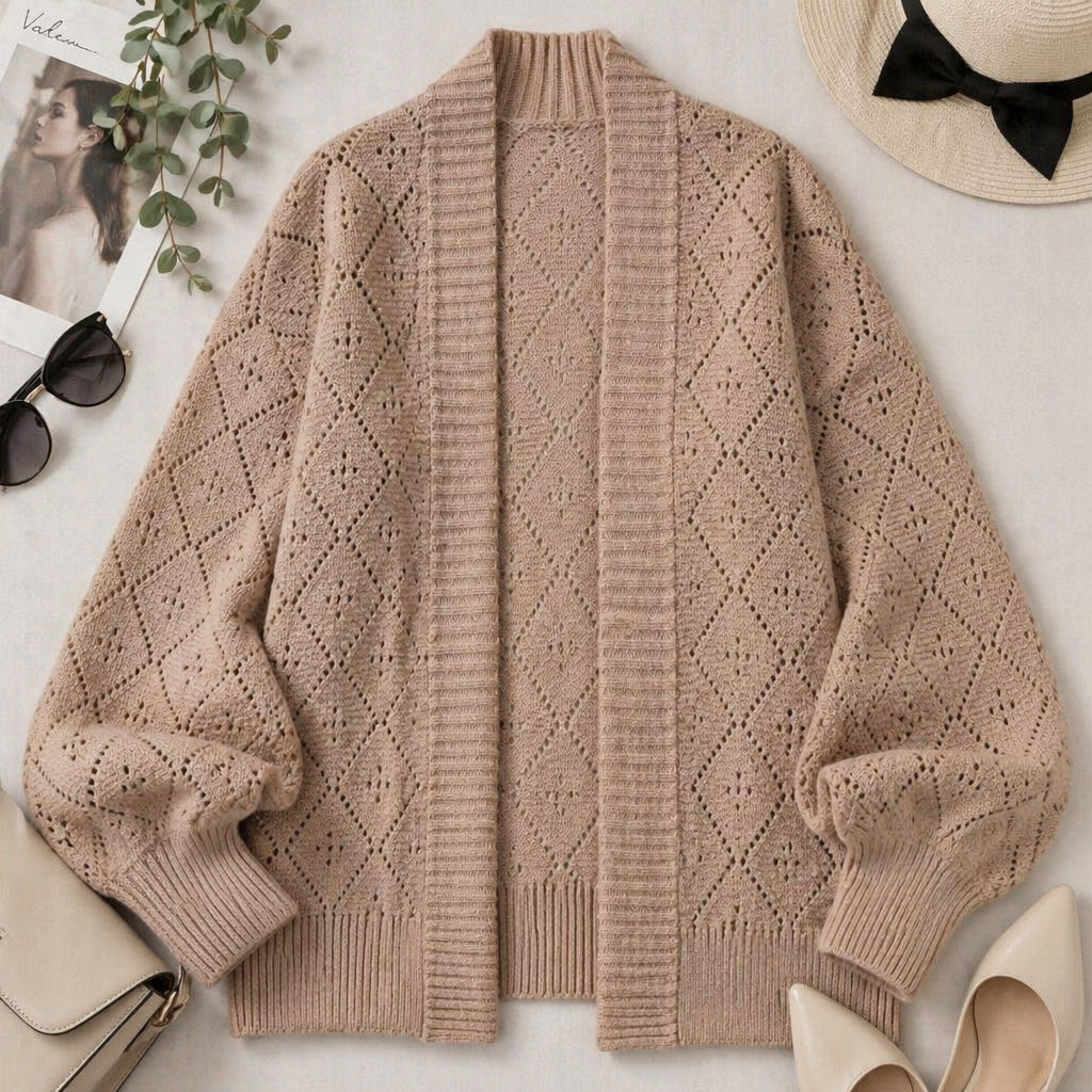 AerieLuxe™ – Hollow Knit Shawl Cardigan with Lantern Sleeves and Open Front
