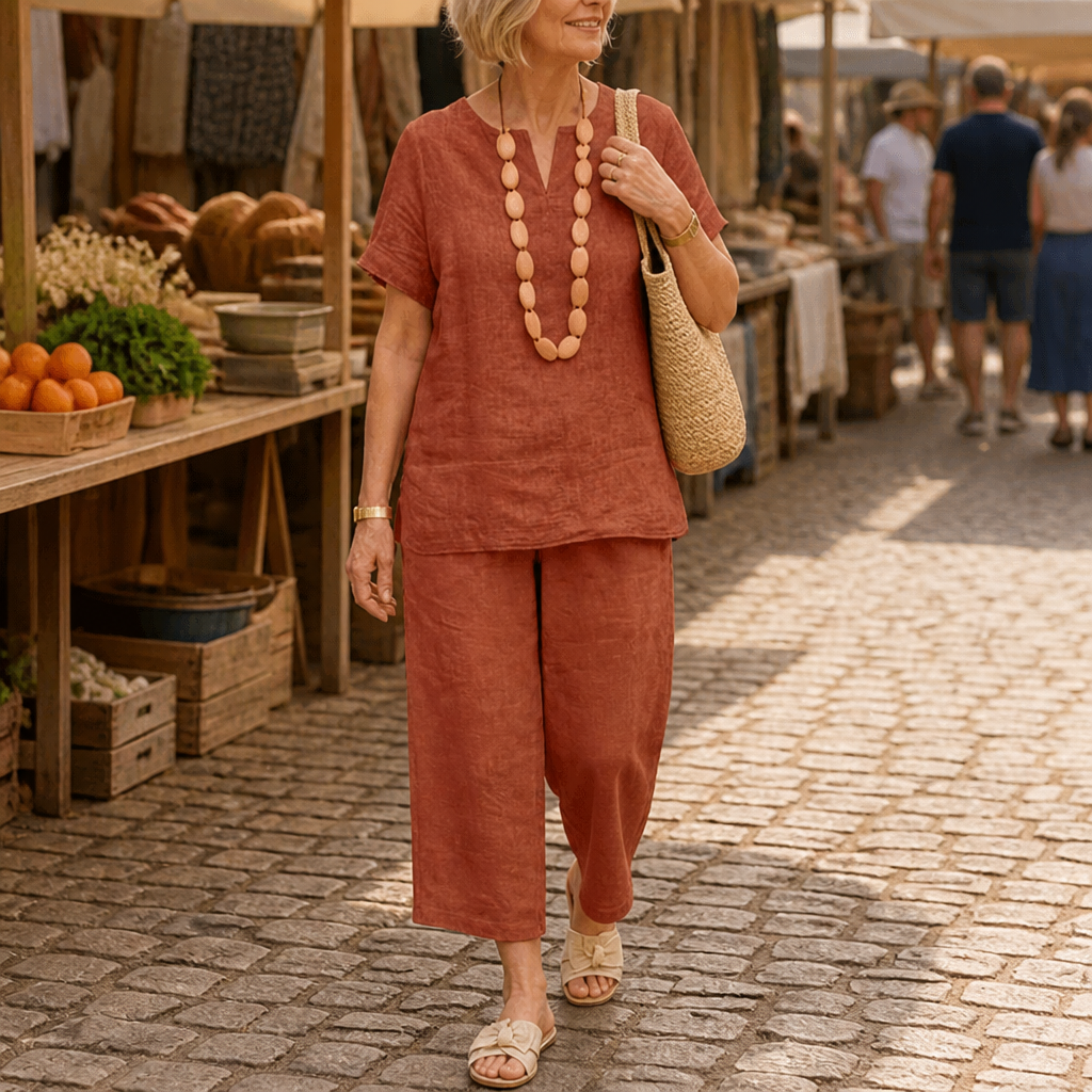 LumoraEase™ – Comfy Cotton-Linen V-Neck Two-Piece Ensemble