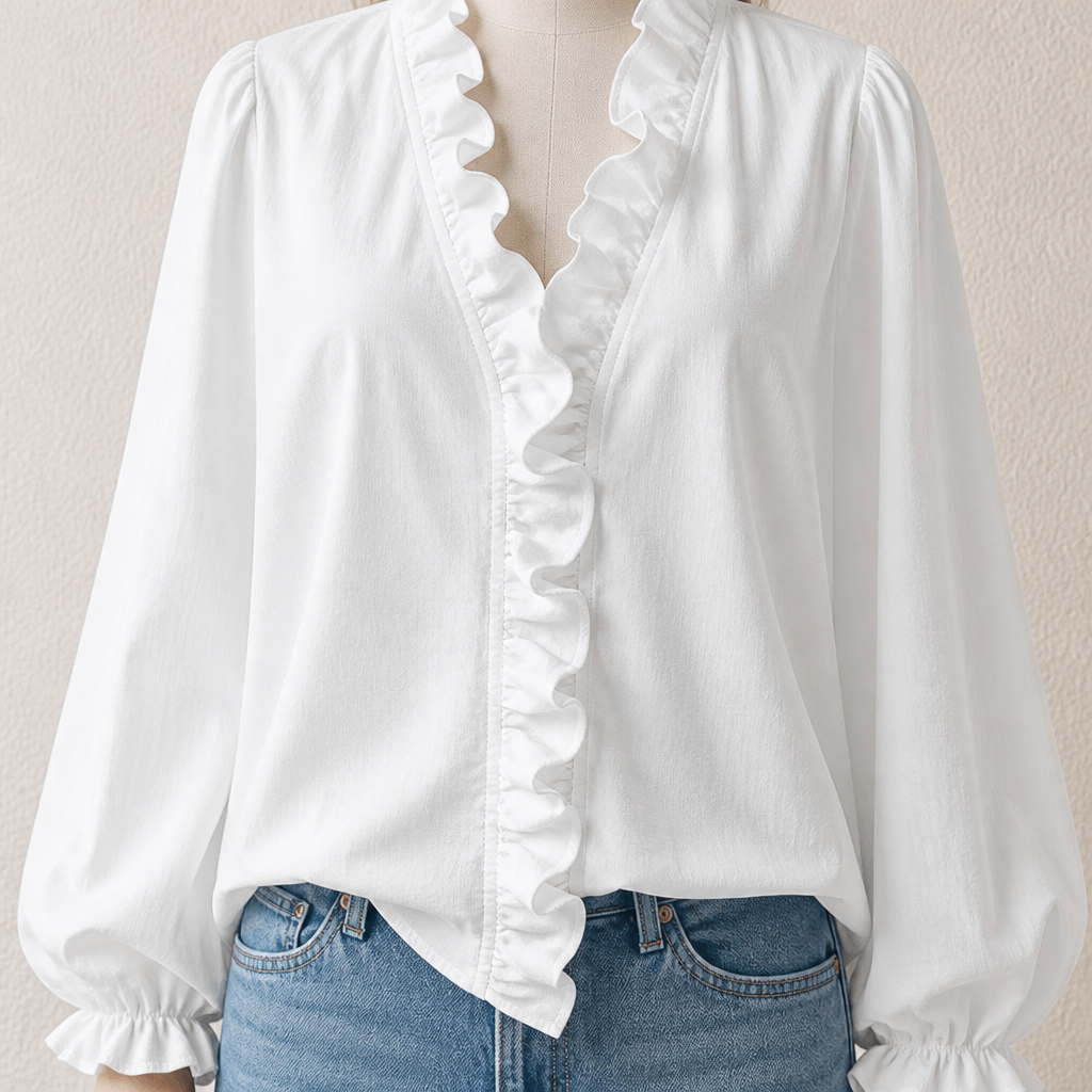 FlairMist™ – Romantic Ruffled V-Neck Top with Lantern Sleeves