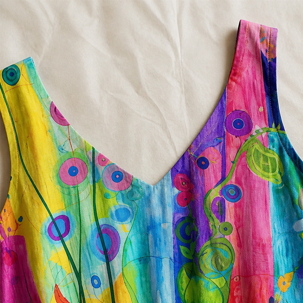 LuminaLuxe™ – Sleeveless A-Line Dress with Hand-Painted Florals