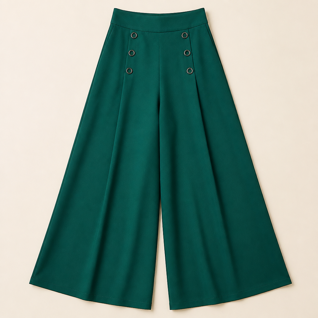 VeroLuxe™ – Wide-Leg Flowing Pleated Pants Featuring Side Button Accent