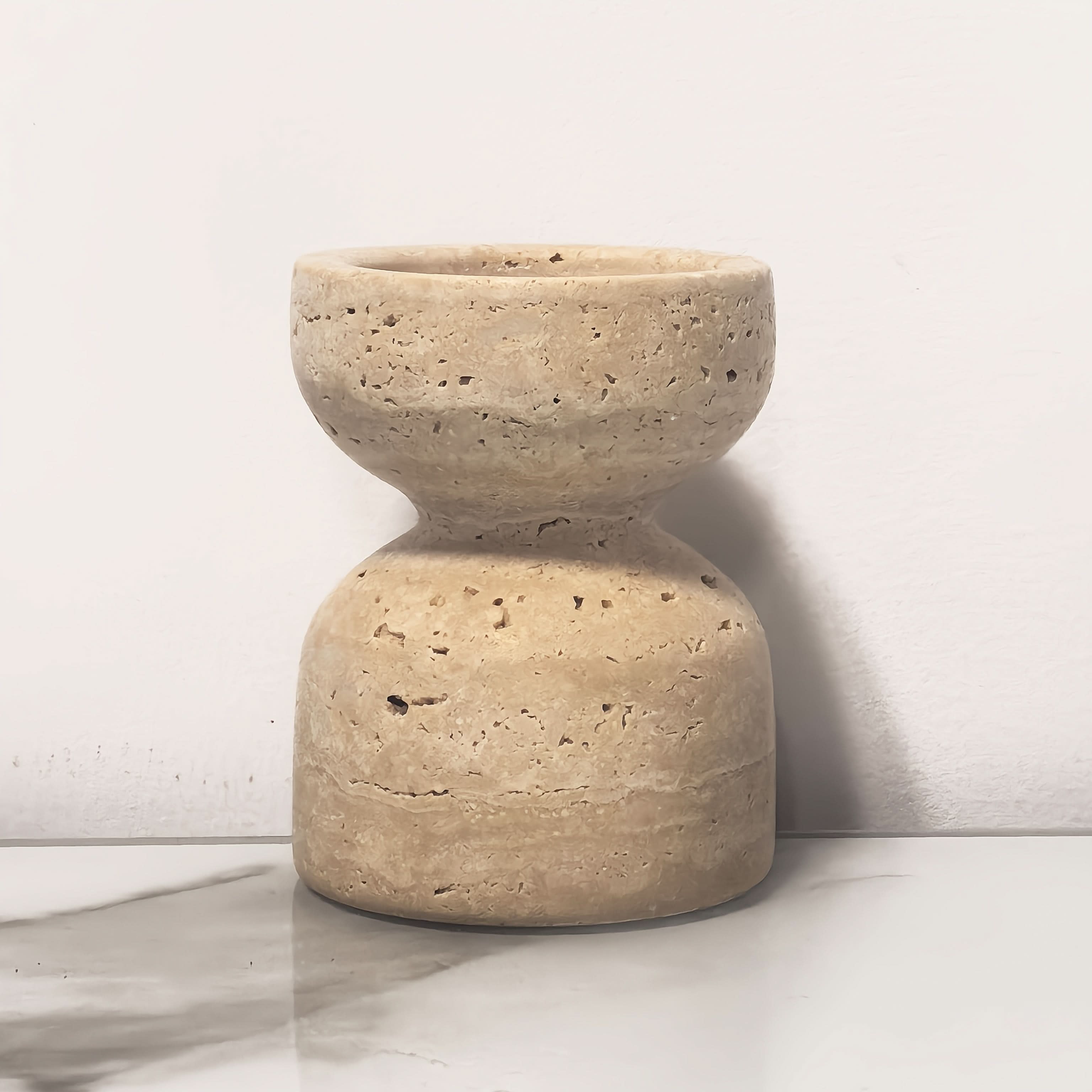 Set of Natural Marble Candle Holders in Travertine Style