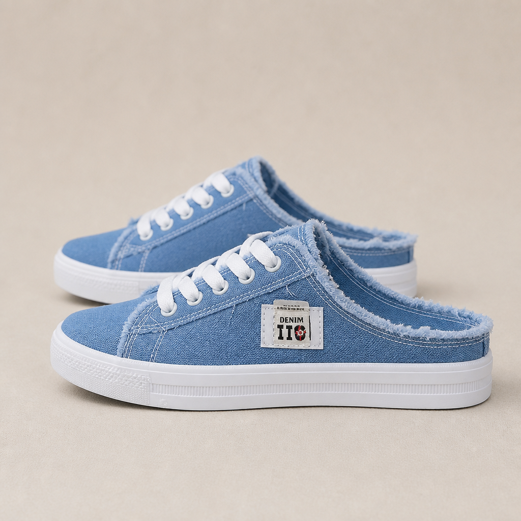 StridePulse™ – Casual Denim Mule Sneakers with Frayed Edges