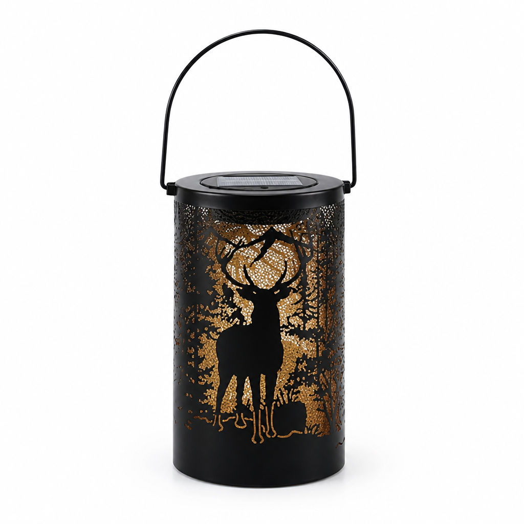 Solar Rechargeable Iron Lantern (Deer Cutout Projection)