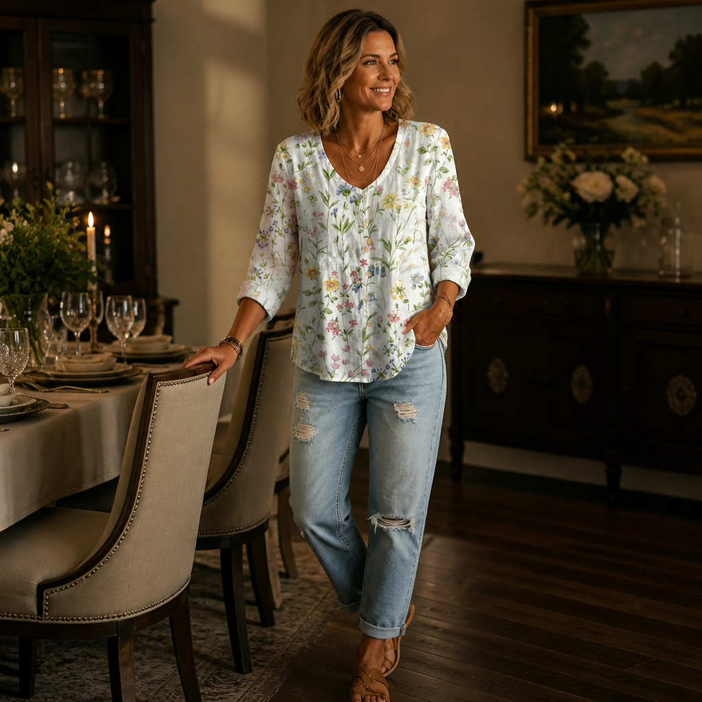 SerenLuxe™ – Breezy Cotton-Linen Floral Shirt with V-Neck
