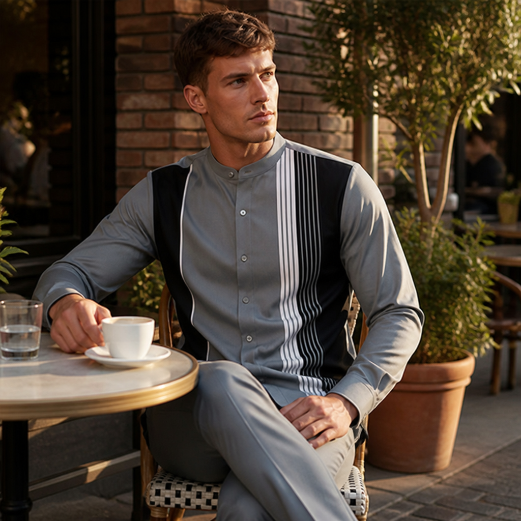 ValoroEdge™ – Color-Block Striped Mandarin-Collar Shirt & Pants Set