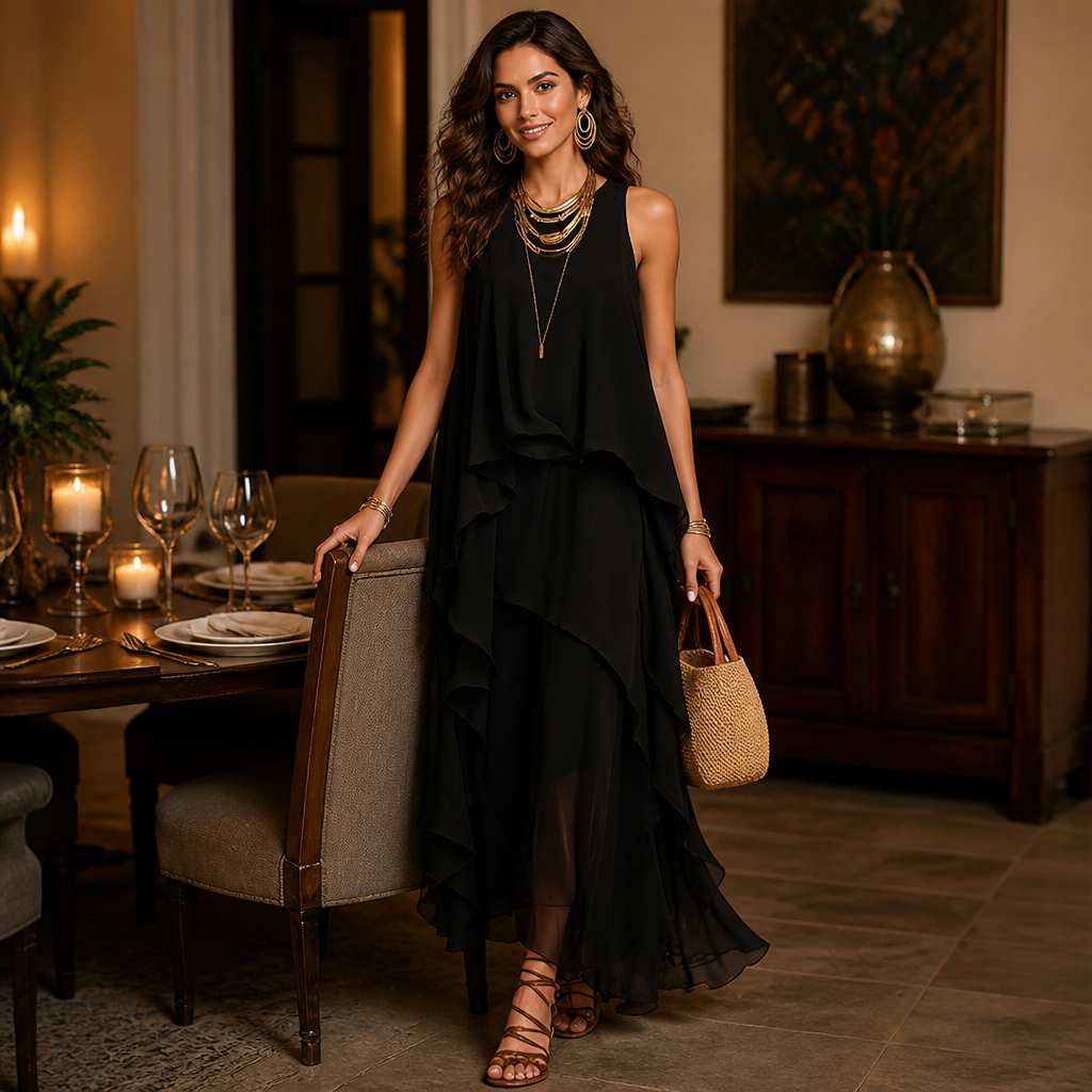 LioraMist™ – Flowy Layered Ruffle Chiffon Maxi Dress