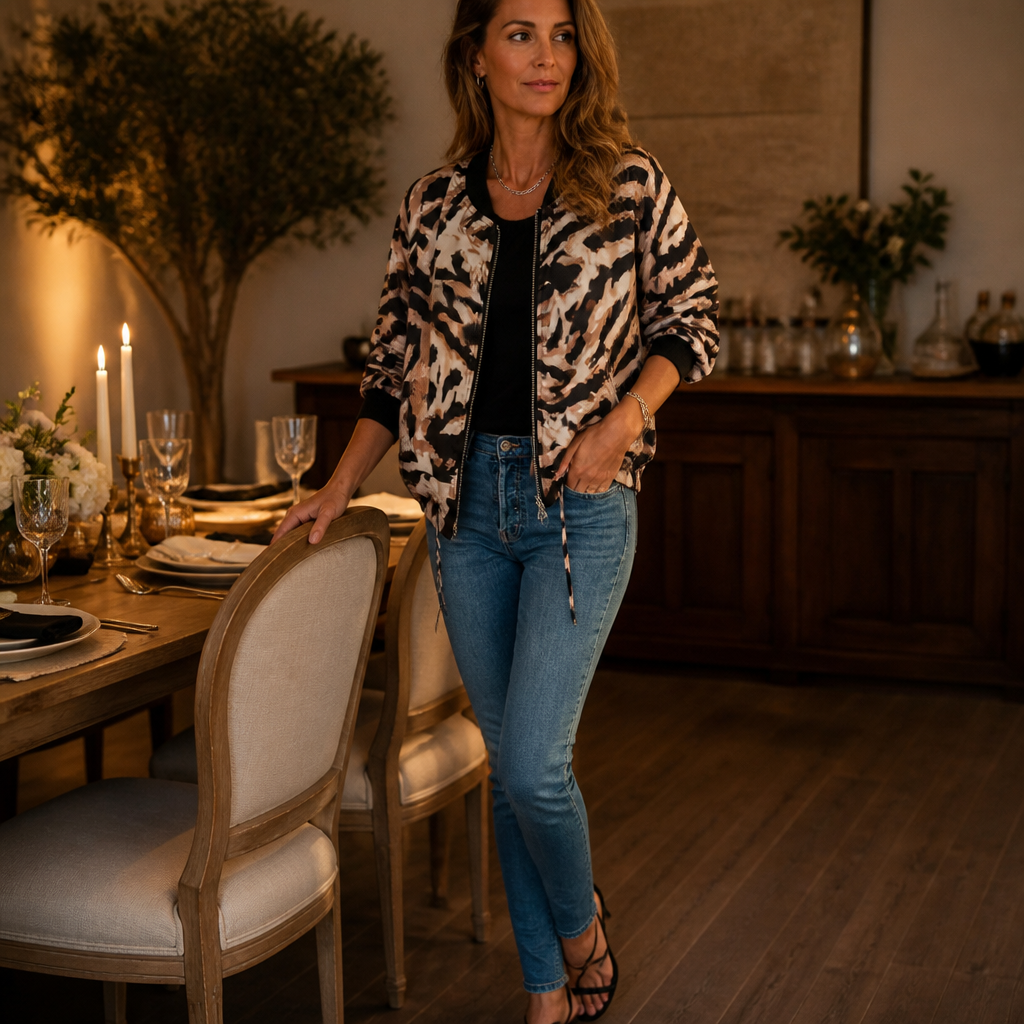 SavaraStrike™ – Bold Zebra Print Bomber Jacket with Full-Length Zip