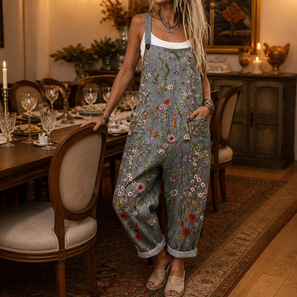 VivaEase™ – Relaxed Wide-Leg Printed Dungarees with Adjustable Straps