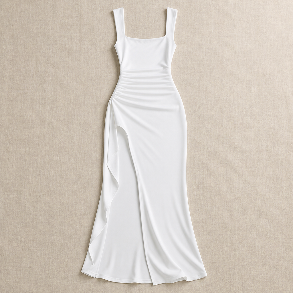 LuminaLuxe™ – Elegant Square-Neck Ruched Maxi Dress with High Thigh Slit