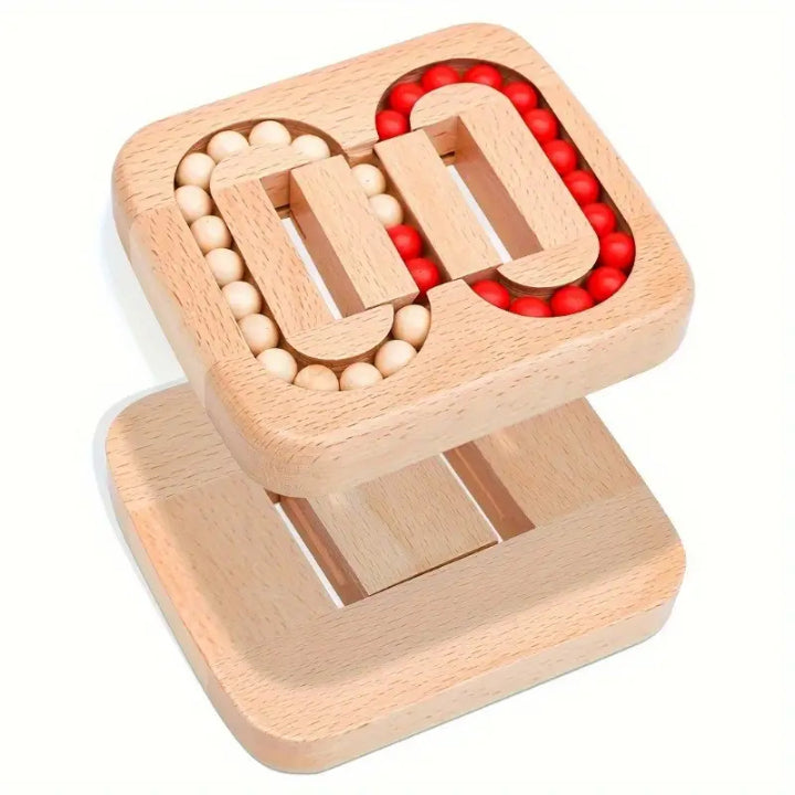 Wooden puzzle game with rotating pieces