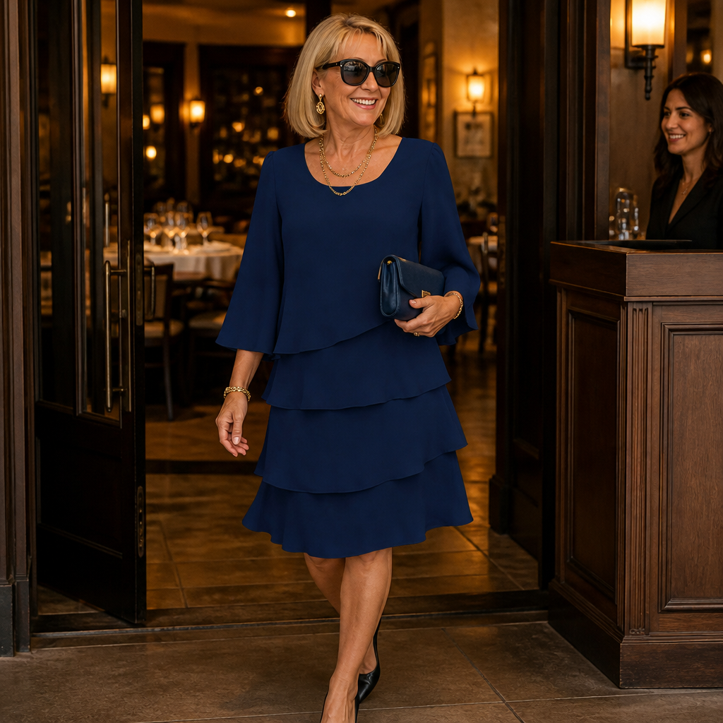 LumaBella™ – Sophisticated Layered Chiffon Dress with Flowing Bell Sleeves
