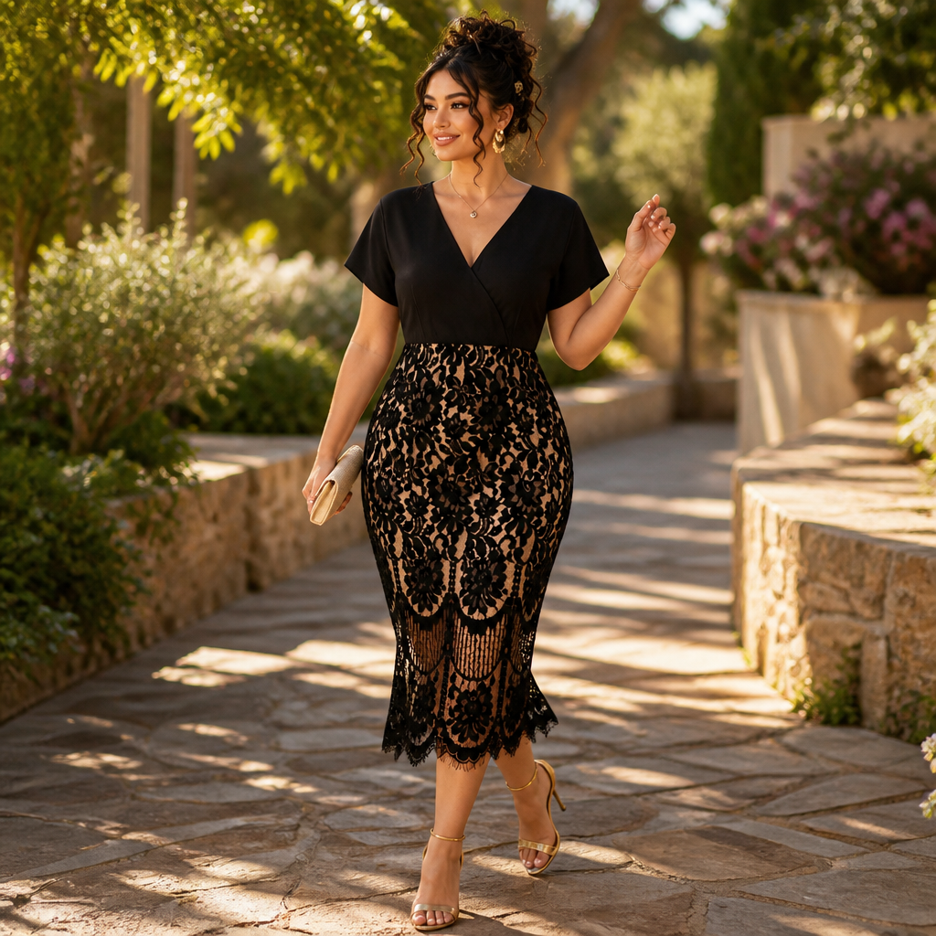 AriaLuxe™ – Lace Midi Dress with V-Neck Wrap Top, Curve-Enhancing Silhouette