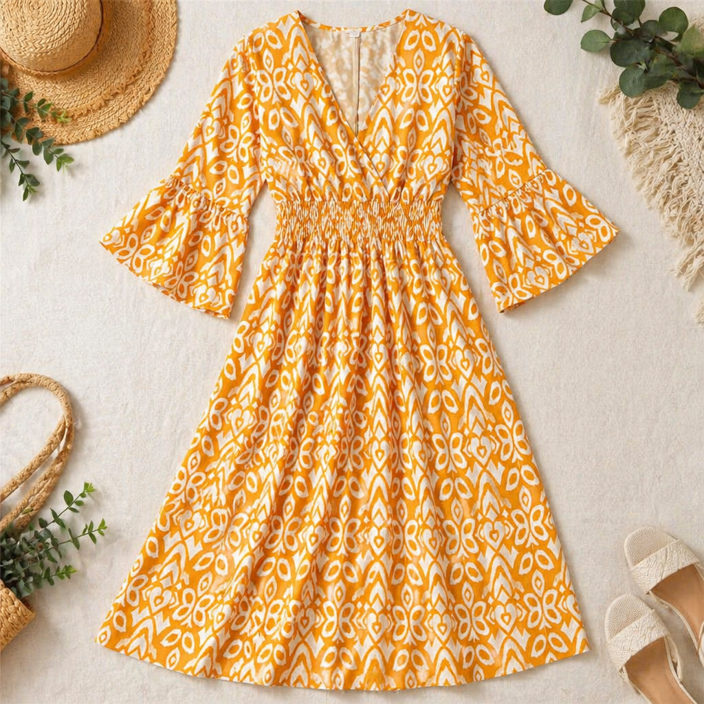 Majestella™ – Flowy V-Neck Midi Dress with Smocked Waist