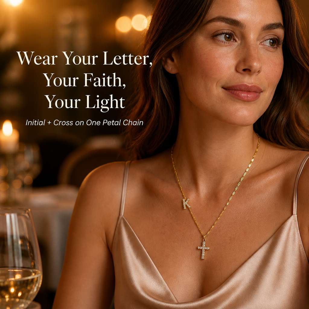 GlowAura™ — Stack Your Initial and Cross on a Radiant Gold Petal Chain