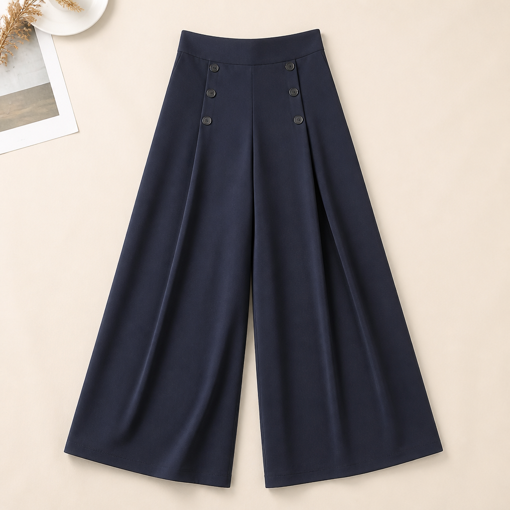 VeroLuxe™ – Wide-Leg Flowing Pleated Pants Featuring Side Button Accent