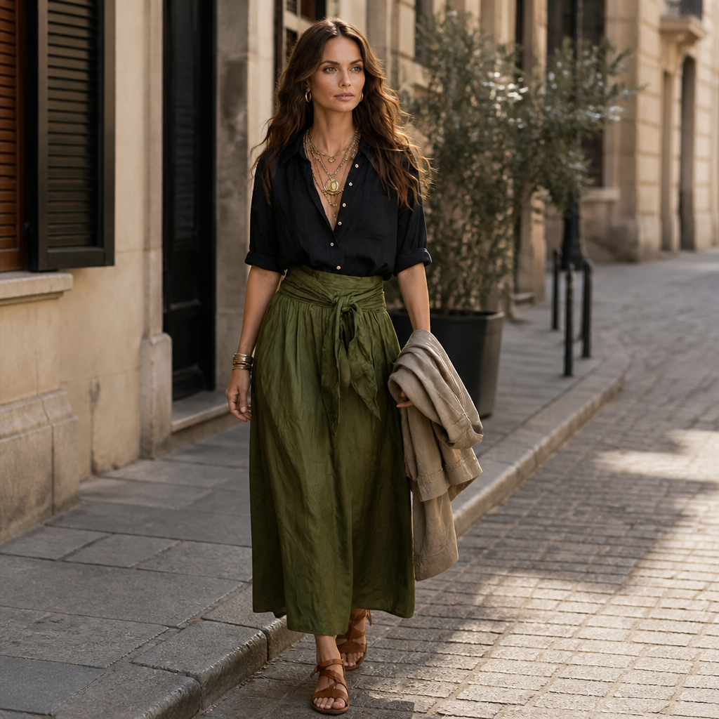Veloura™ – Relaxed Linen Shirt & Tie-Waist Olive Midi Skirt Set