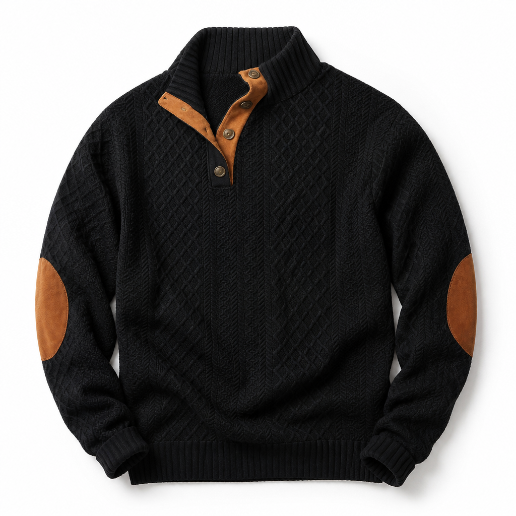 AtlasForge™ – Jacquard Textured Stand-Collar Sweater with Elbow Patches