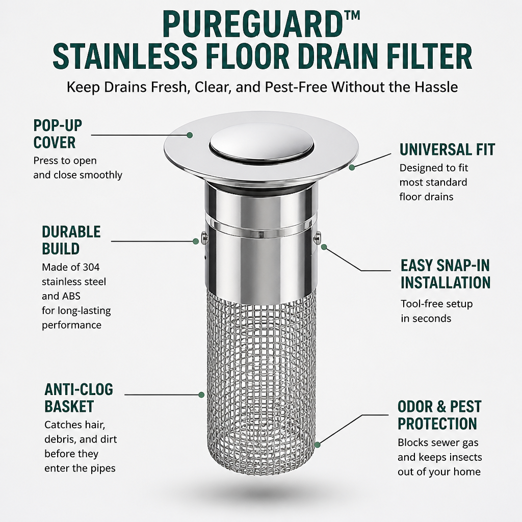 PureGuard™ Stainless Floor Drain Filter — Keep Drains Fresh, Clear, and Pest-Free Without the Hassle
