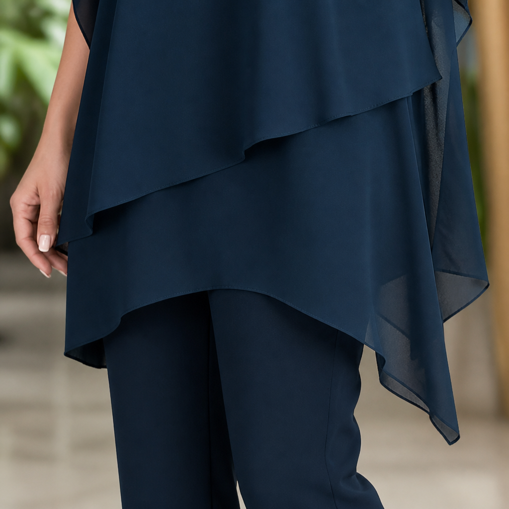 VeloraFit™ – Stylish Asymmetric Chiffon Two-Piece Pant Ensemble
