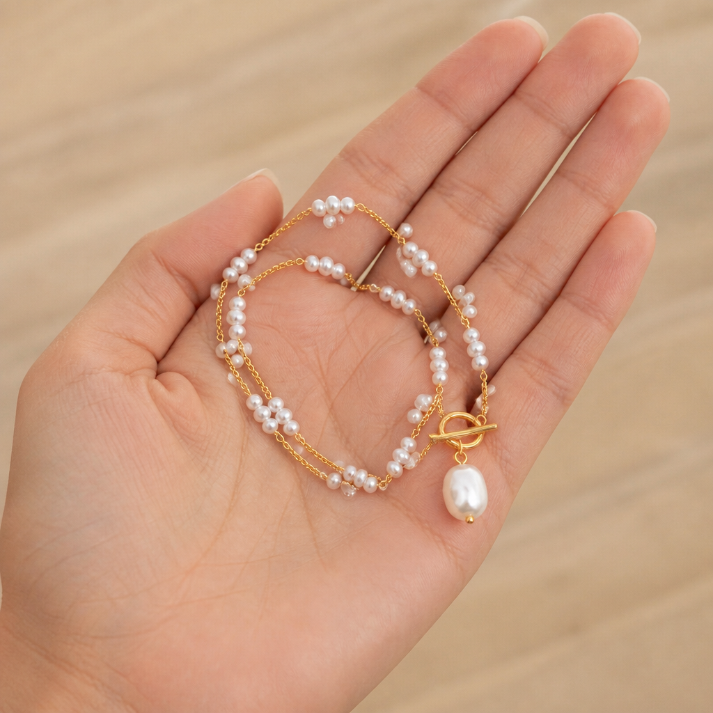 LuminaLuxe™ – Contemporary Pearl Toggle Necklace Featuring Baroque Drop