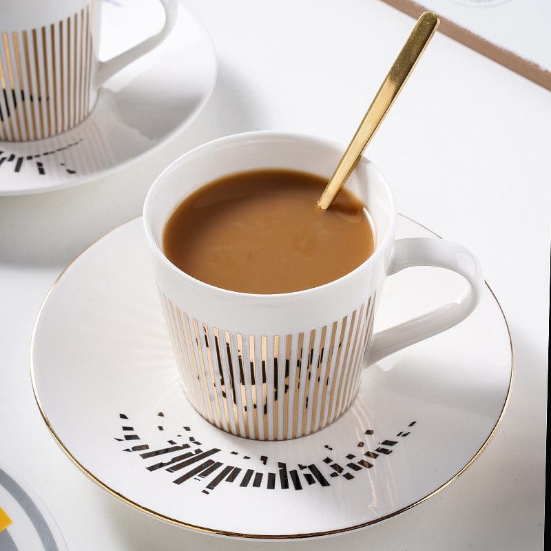 Coffee Cup Mirror | Porcelain Saucer | Gold Stripe Decoration