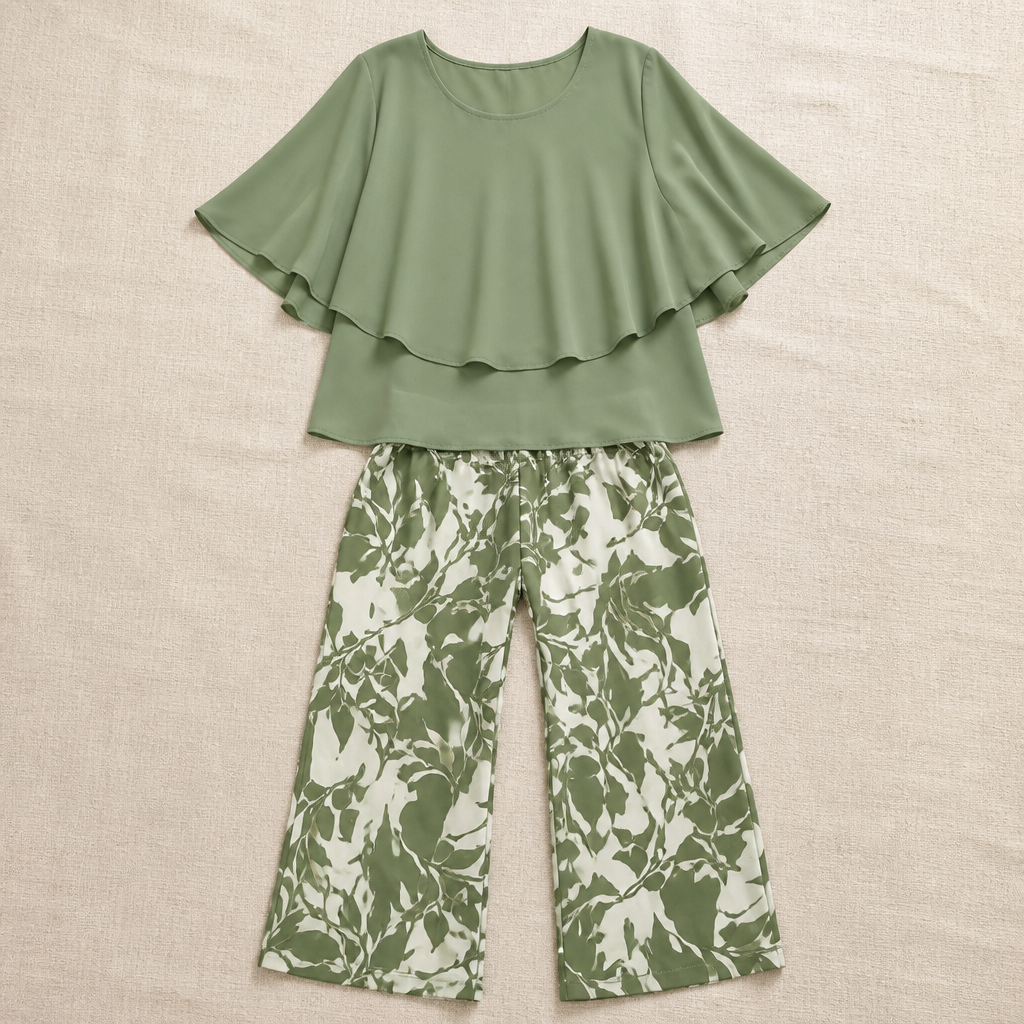 Flexara™ – Stylish Layered Chiffon Blouse with Wide-Leg Printed Pants Set