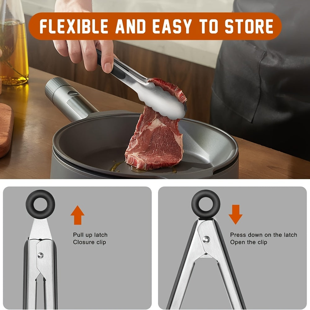 Stainless Steel Culinary Tongs with Silicone Grip & Locking Feature
