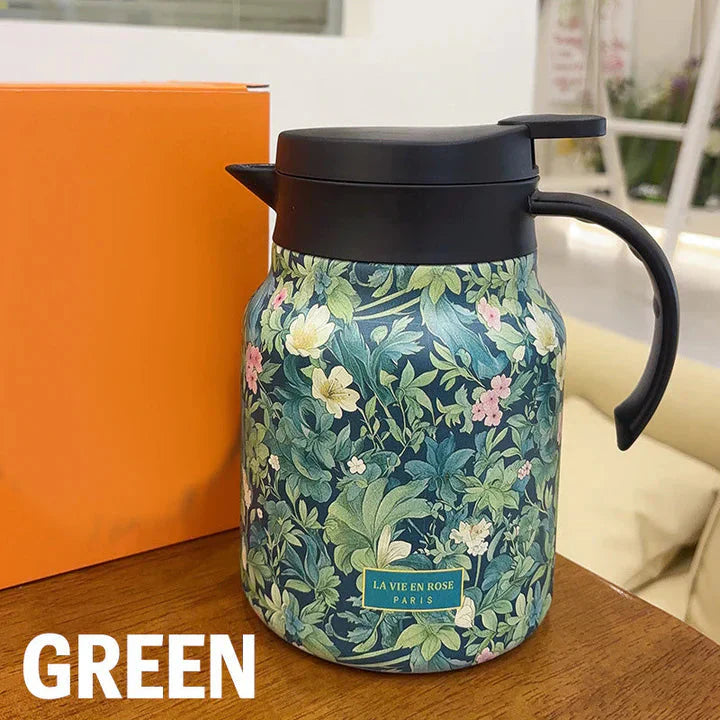 1 L Insulated Jug with Floral Pattern – Stainless Steel, Push-Button Lid