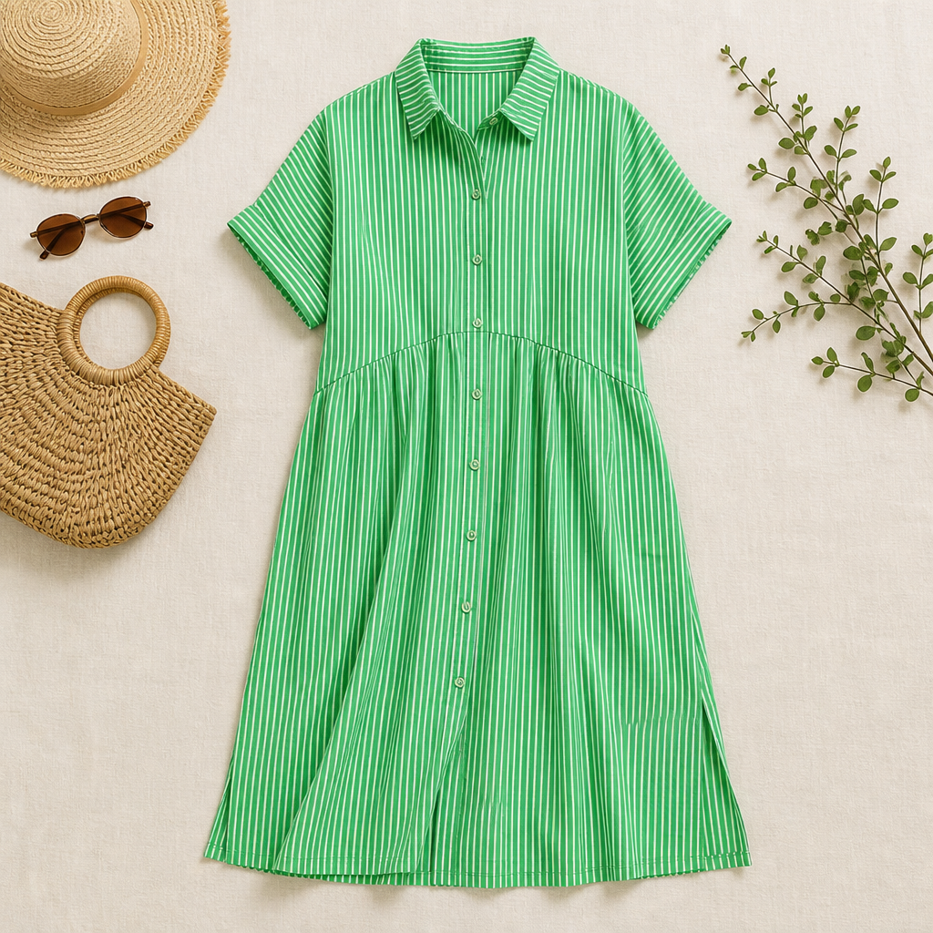 LunaVerve™ – Airy Striped Button-Down Midi Shirt Dress