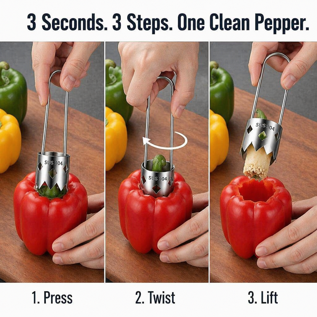 CoreEase™ — Cleanly Twist to Hollow Peppers, Apples & Pears in One Go