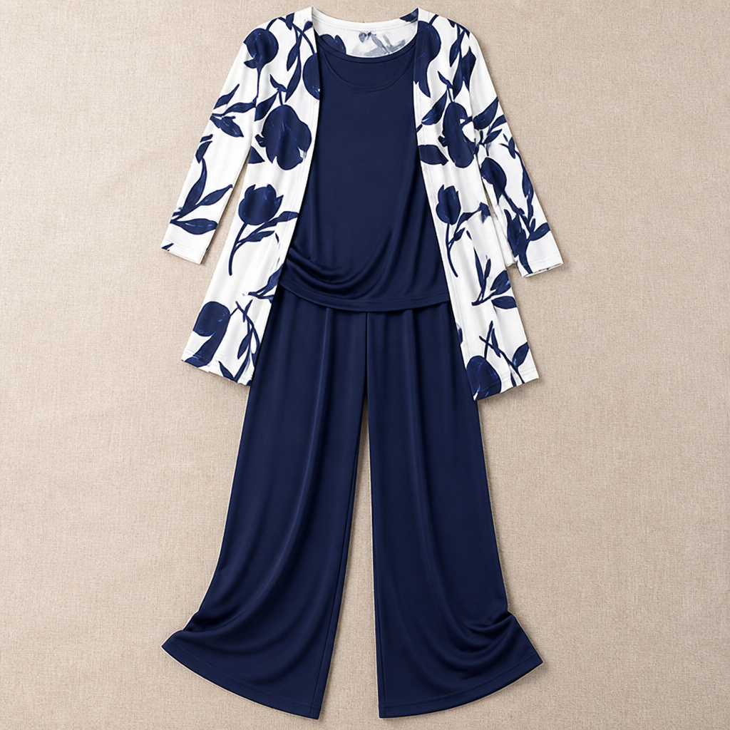 VelaLuxe™ – Elegant 3-Piece Set with Floral Cardigan & Wide-Leg Pants