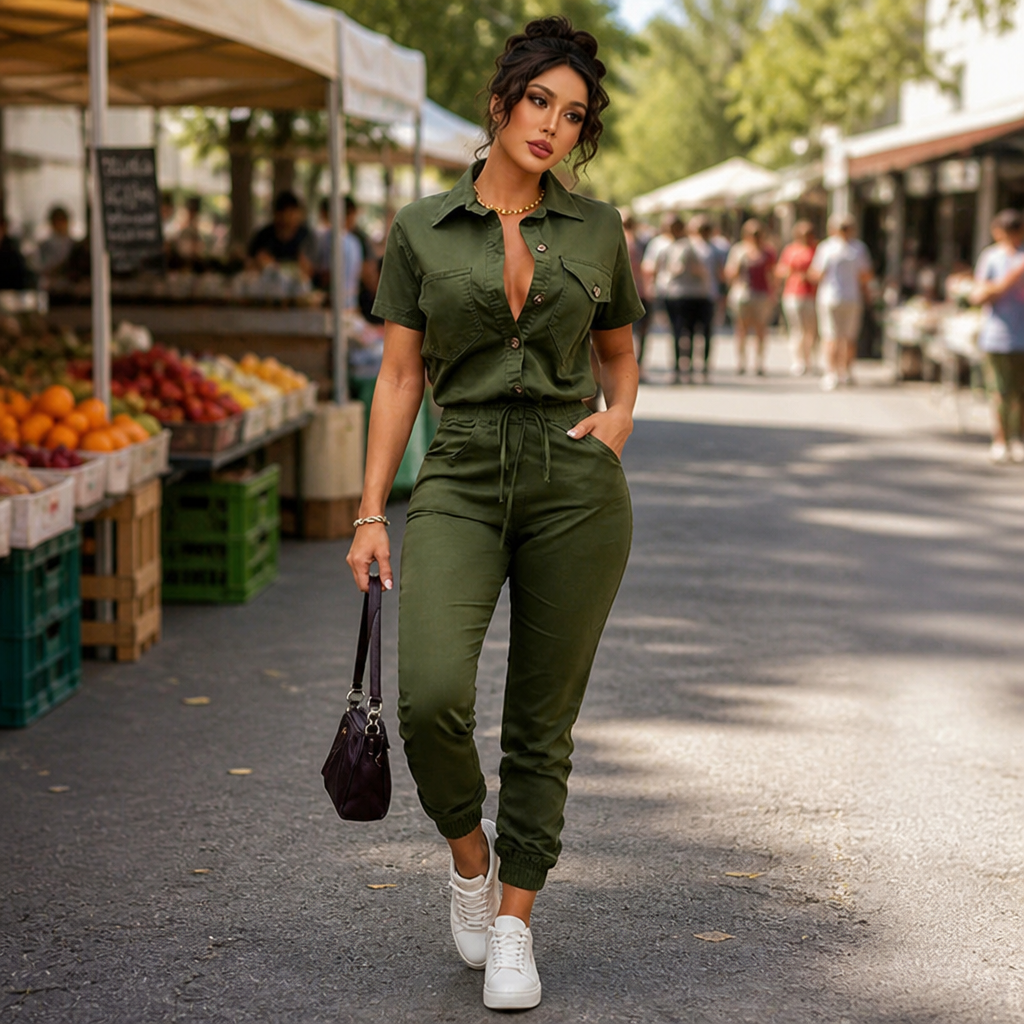 LumiVerve™ Short Sleeve Button-Front Jumpsuit — Shape Your Confidence with Every Move