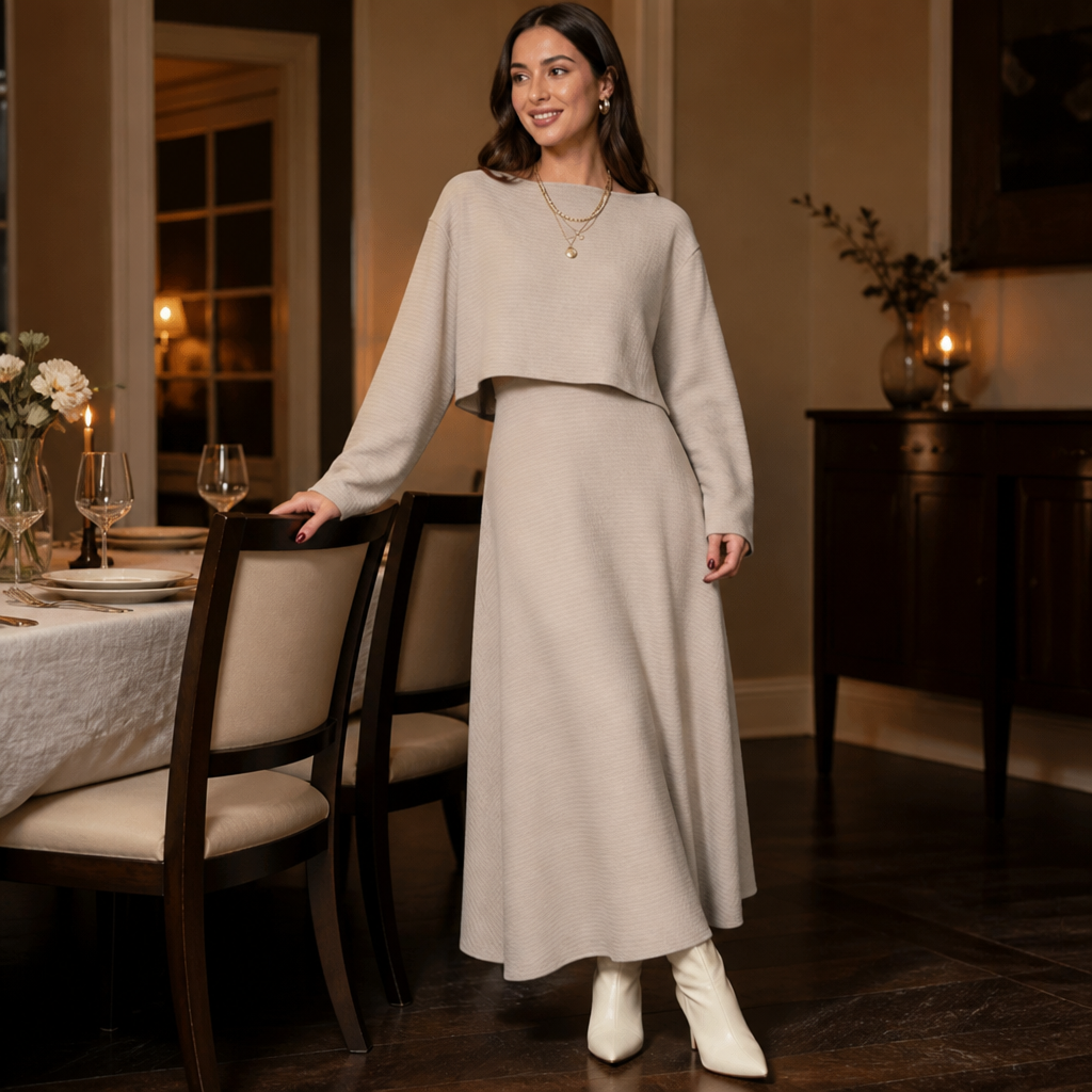 VivaBella™ – Sleek Two-Piece Knit Set with Asymmetrical One-Shoulder Top