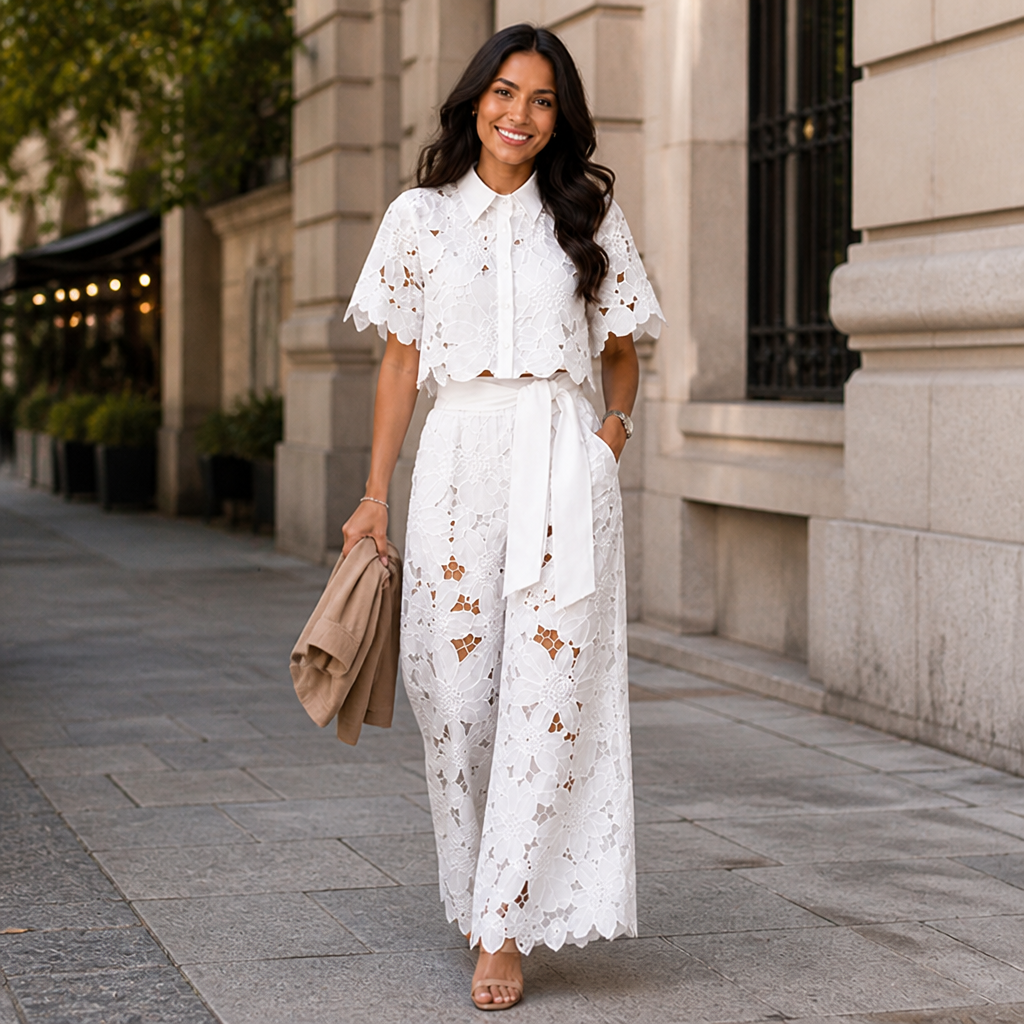 ArlenaBreeze™ – Elegant Floral Crochet Lace Set with Tie-Waist Wide-Leg Pants