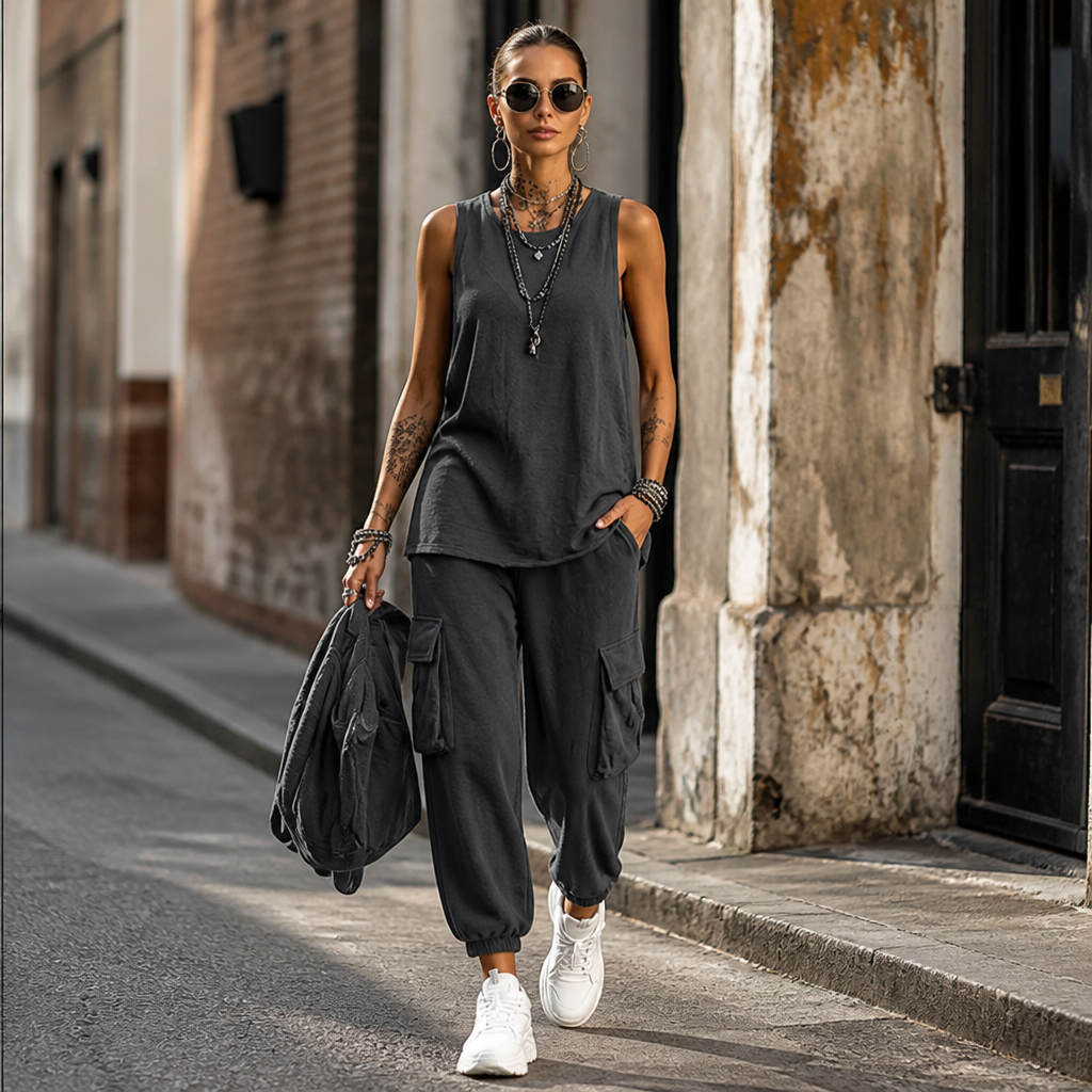 LuxeStride™ – Washed Cotton Tank and Cargo Jogger Set
