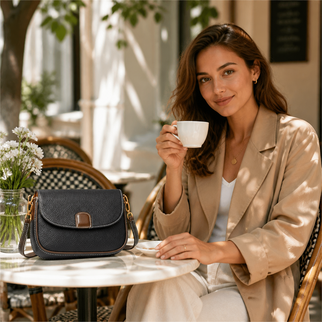 ArloVita™ – Classic Saddle Crossbody Bag with Contrast Trim & Gold Hardware