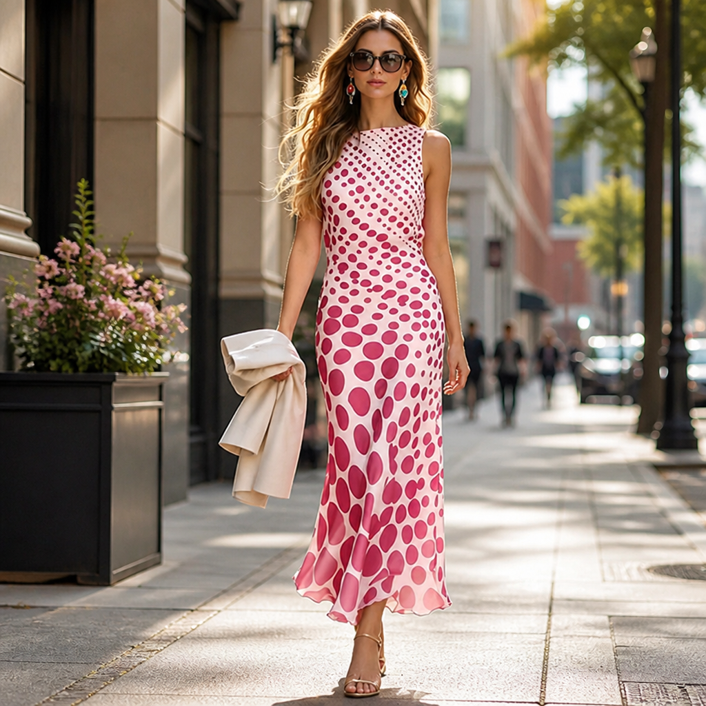 SatinMuse™ – Bias-Cut Satin Midi Dress with Gradient Polka Dots