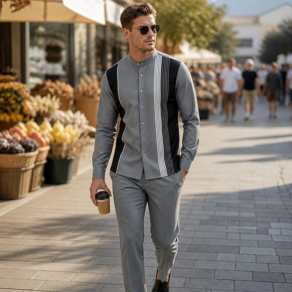 ValoroEdge™ – Color-Block Striped Mandarin-Collar Shirt & Pants Set