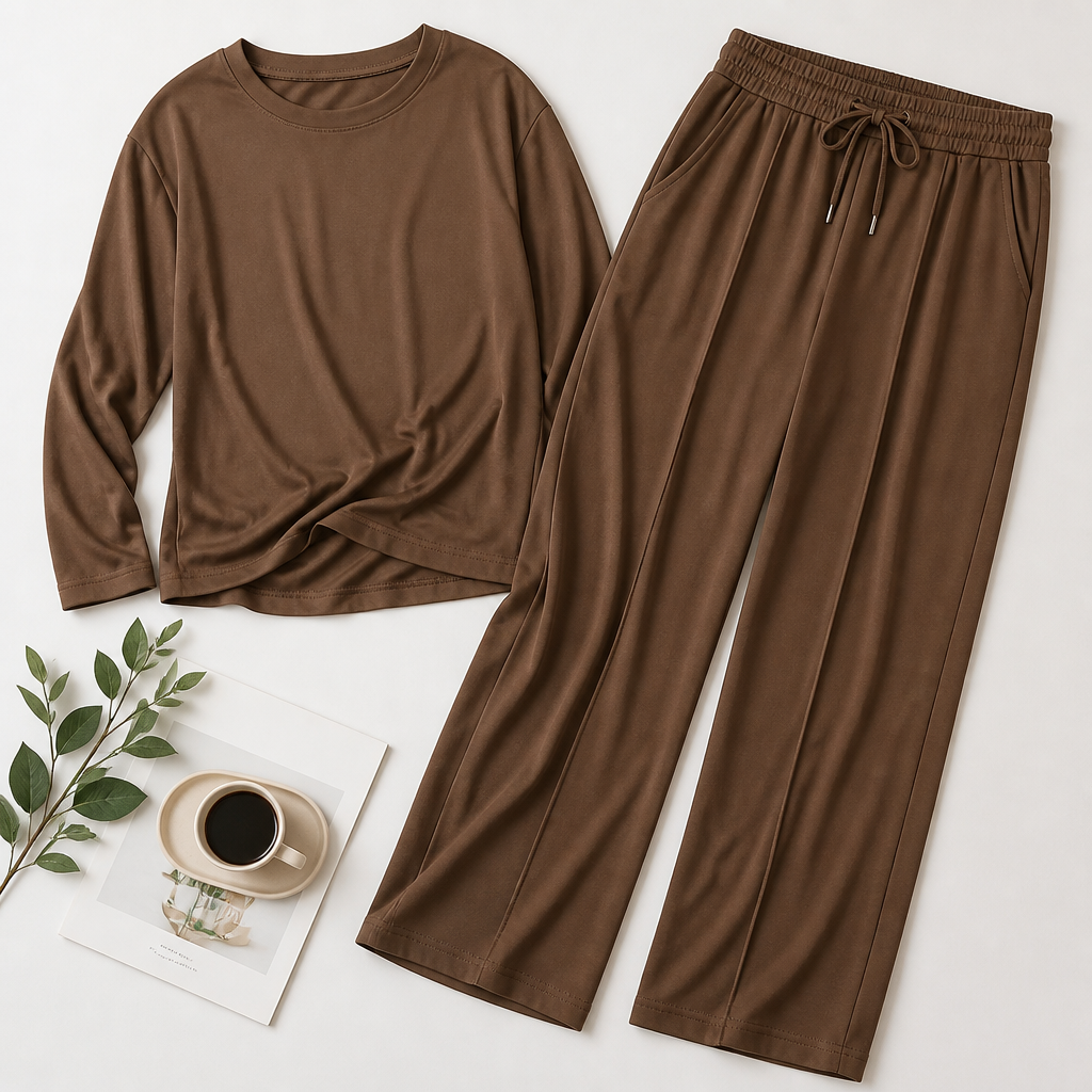 ElysianEase™ – Comforted Long Sleeve Shirt & Wide-Leg Trousers Set