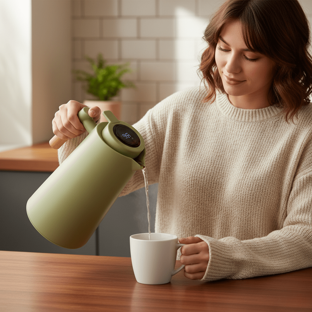 Insulated Beverage Container with Temperature Indicator & Wood Handle