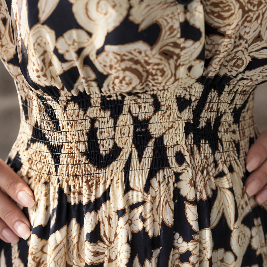 BloomAura™ – Retro Block-Print Shirt Dress with Smocked Waist