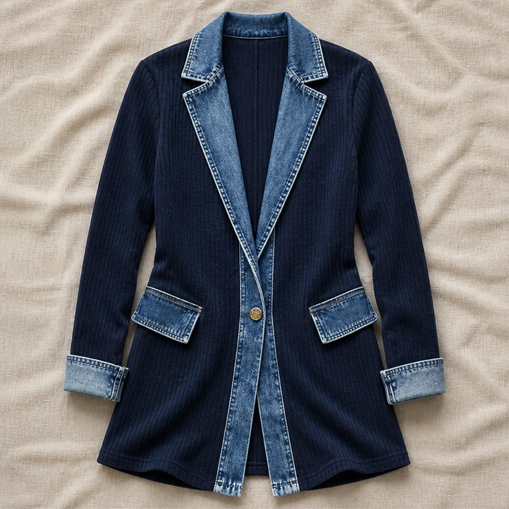SolaceRidge™ – Soft Ribbed Knit Jacket with Contrast Denim Trim
